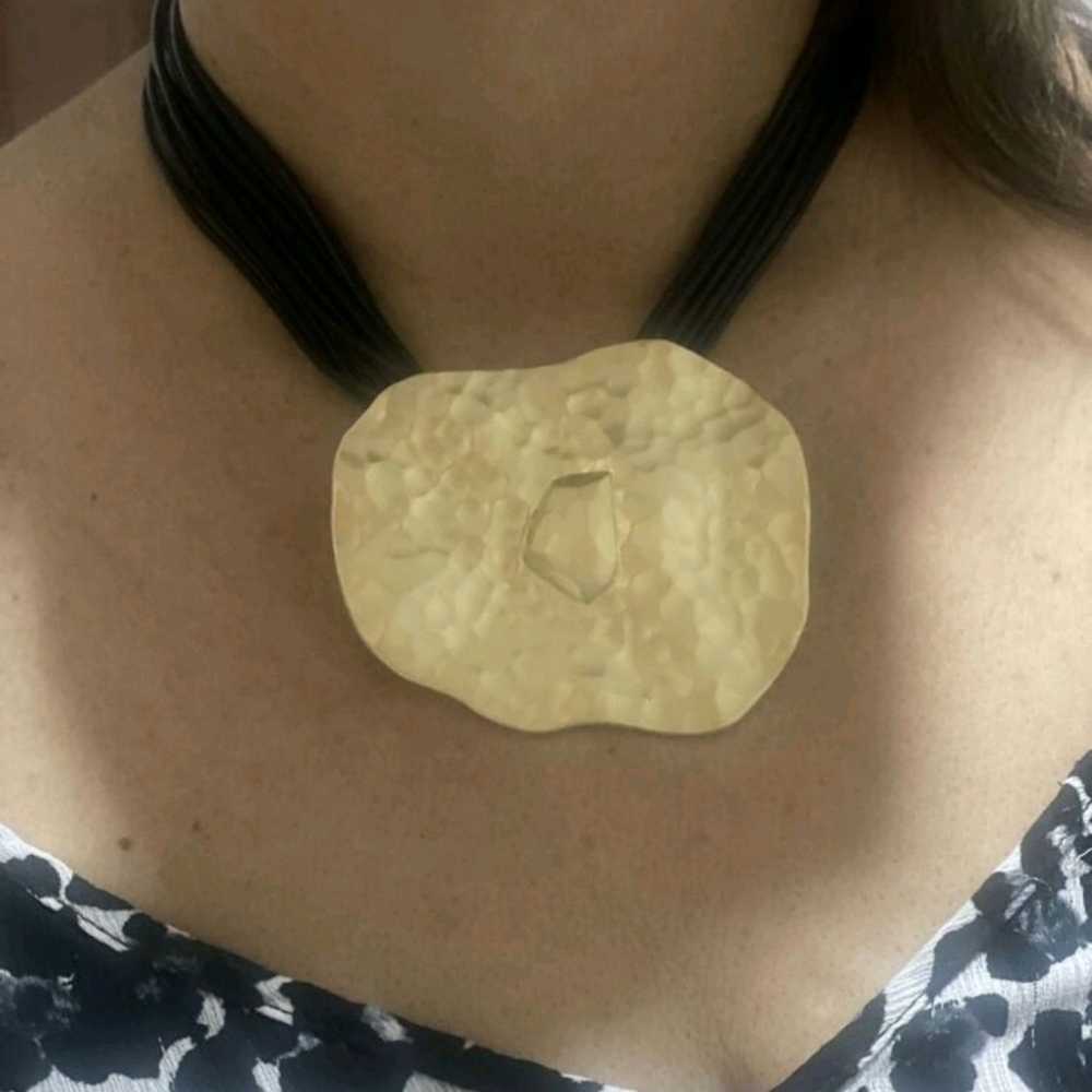 Zara Black Cord Collar Statement Necklace with Gold Hammered Pendant, NWOT - Picture 3 of 5